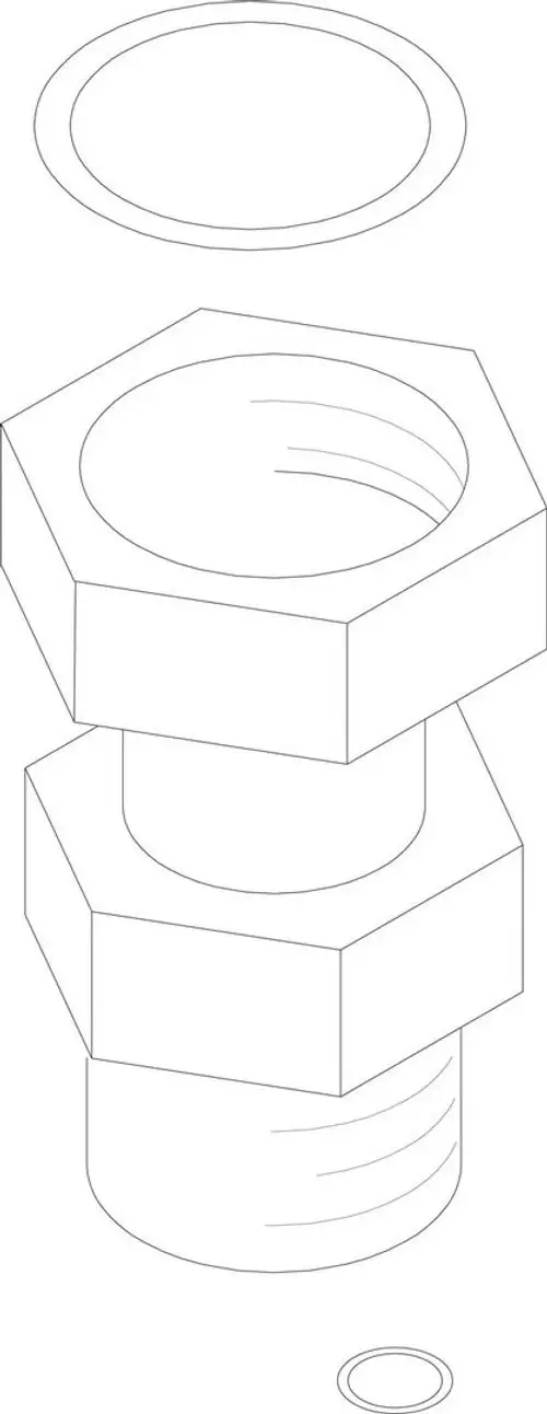 BOSCH Distanzstück mit hexagonalem Körper und integrierter Dichtung. Über dem Distanzstück ist eine einfachere Dichtung sichtbar.